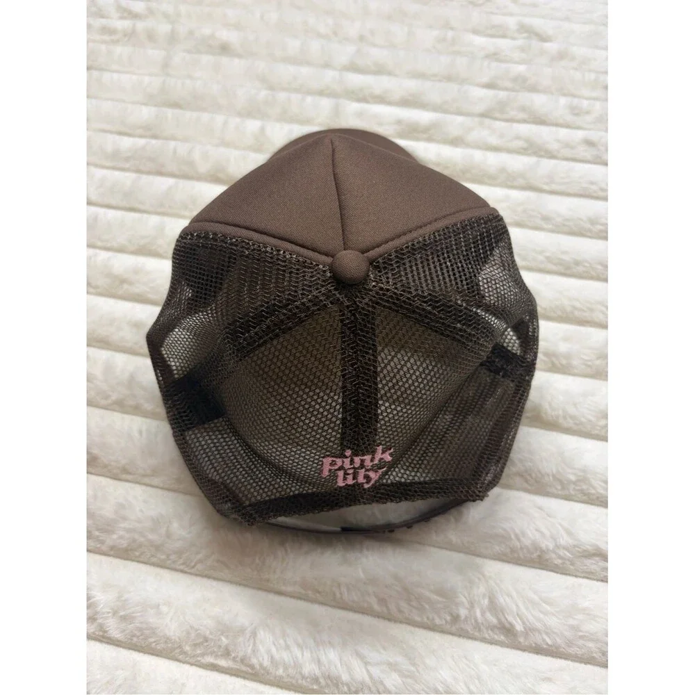 Pink Lily Brown Mesh Trucker Hat Pink Bow Embroidered Coquette Western Cowgirl